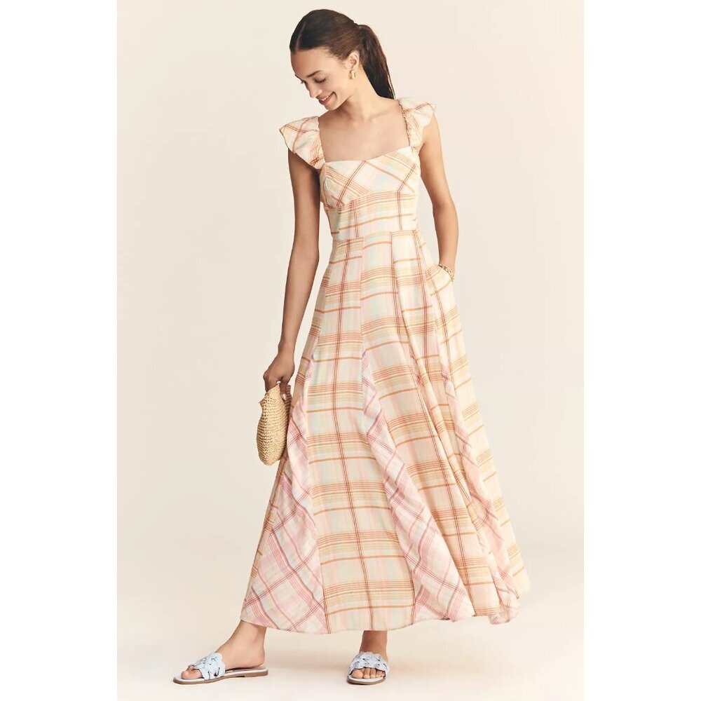 Anthropologie Maeve Linen Blend Flutter-Sleeve A-Line Midi Dress M